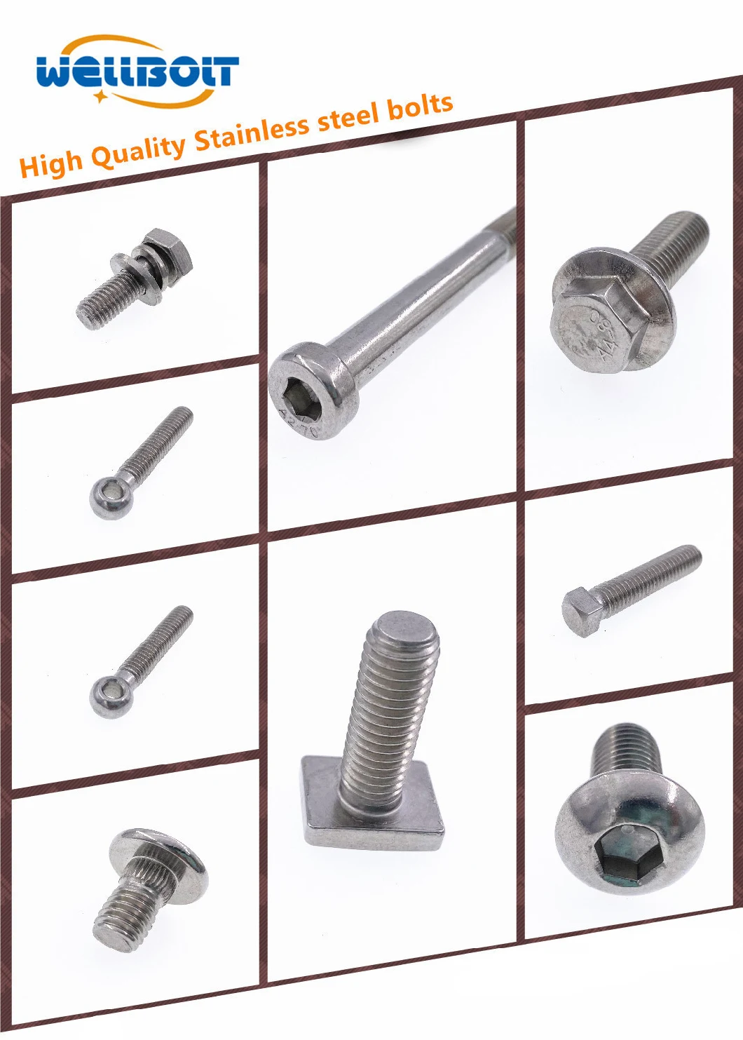 Stainless Steel Hex Bolt/Carriage Bolt/Anchor Bolt/Flange Bolt/T Bolt/Square Head Bolt/Hex Socket Cap Screw/Square Bolt/Wing Bolt/Eye Bolt/Knurled Bolt/U Bolt