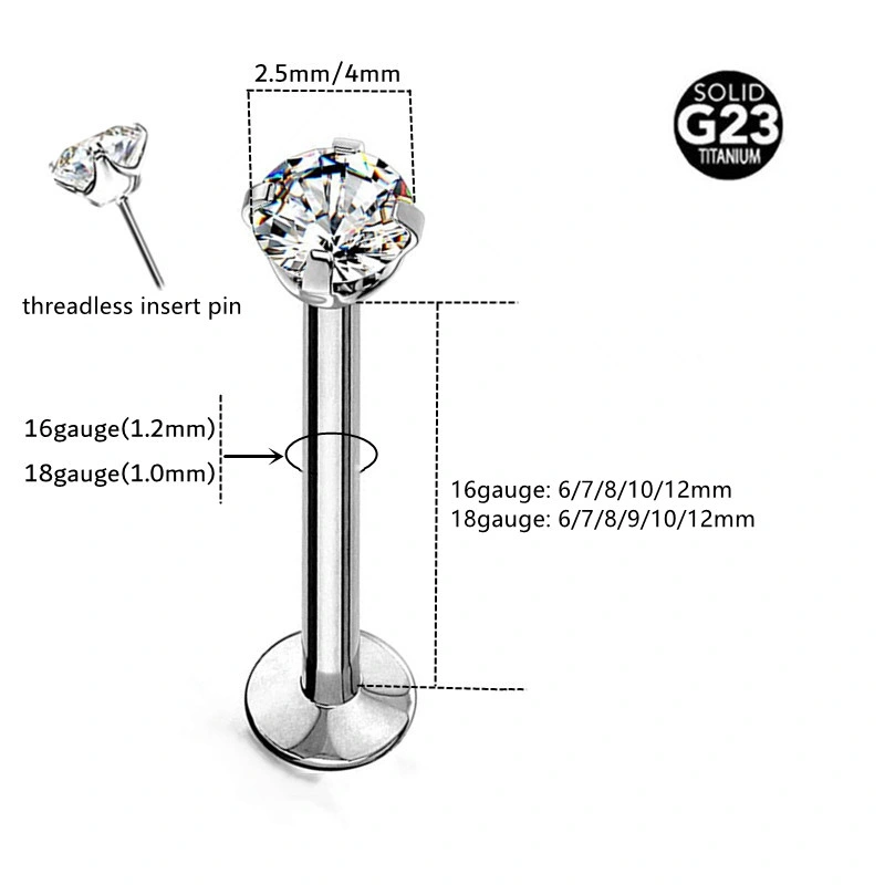 ASTM F136 Titanium Threadless Labret and Nose Stud Inlaid CZ